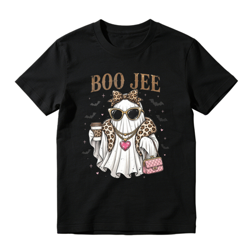 Boo Jee Leopard Print Ghost With Sunglasses And Coffee Cup Halloween Funny Graphic T-shirt