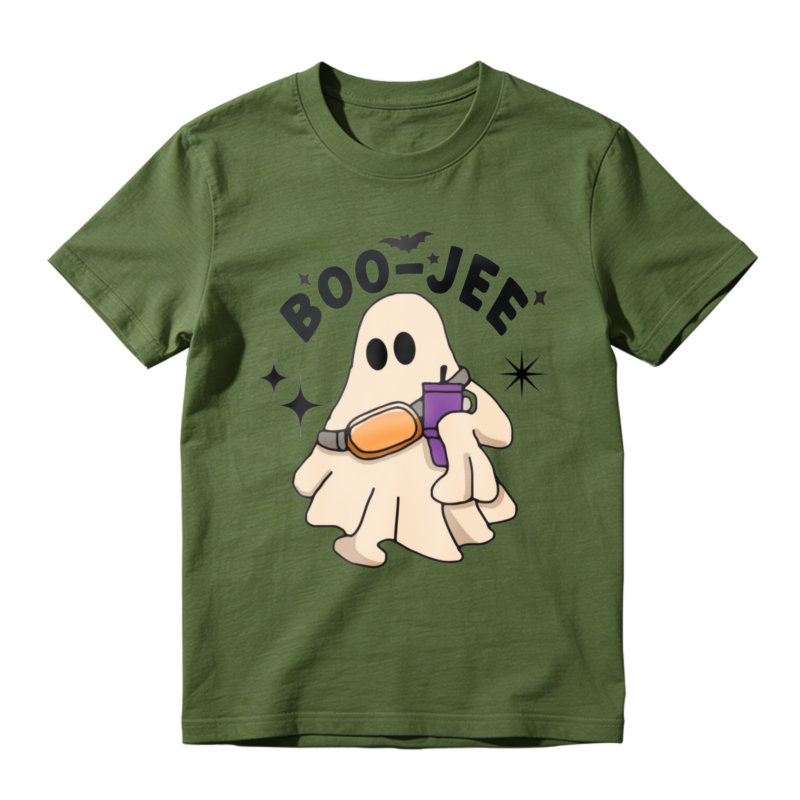 Cute Ghost Holding Purple And Orange Item Boo Jee Text With Bat And Stars Halloween Theme T-shirt