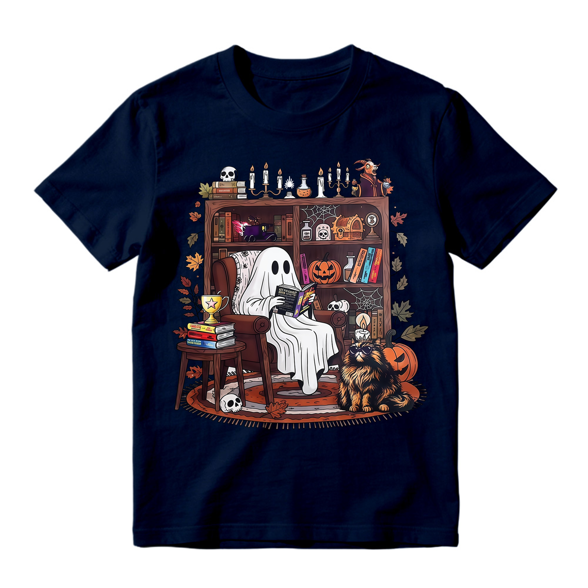 Cozy Reading Ghost With Cat And Bookshelf T Shirt Vintage Halloween Tee
