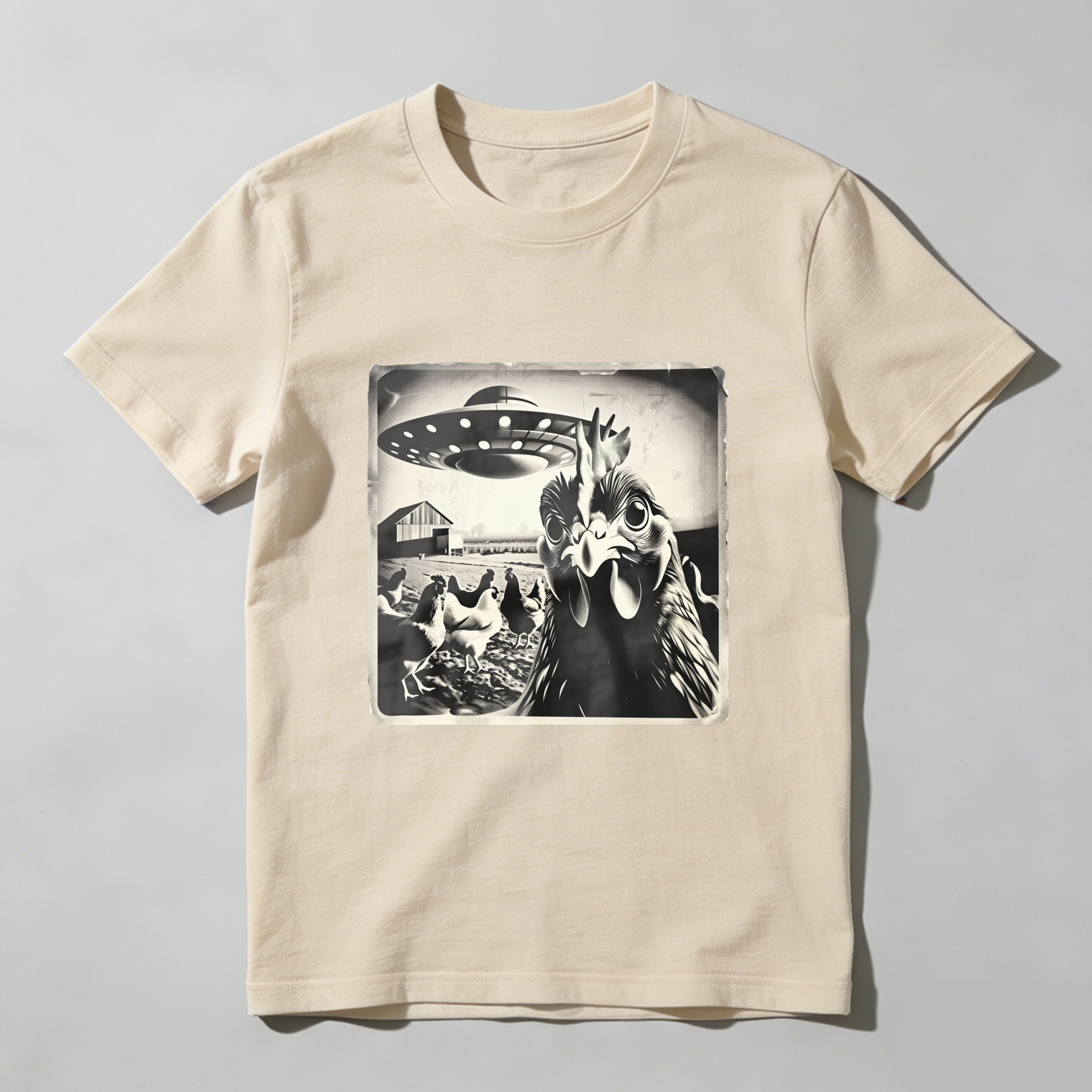 Chicken Abducted By Ufo Farm Scene tshirt 100% cotton