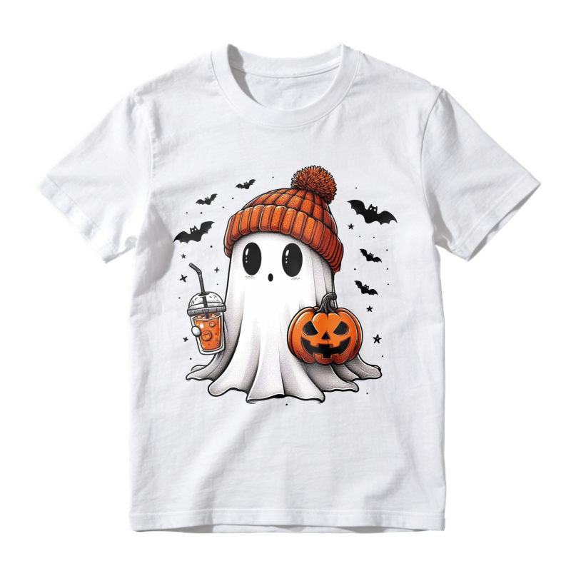 Cute Ghost Wearing Orange Beanie Holding Pumpkin And Drink Halloween T-shirt