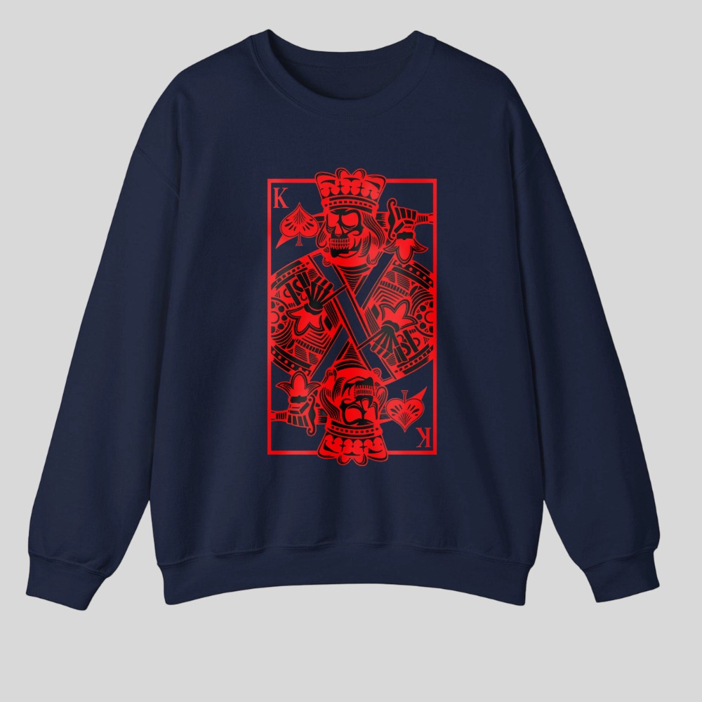 Red King Card Design With Crown And Crossed Swords tshirt 100% cotton