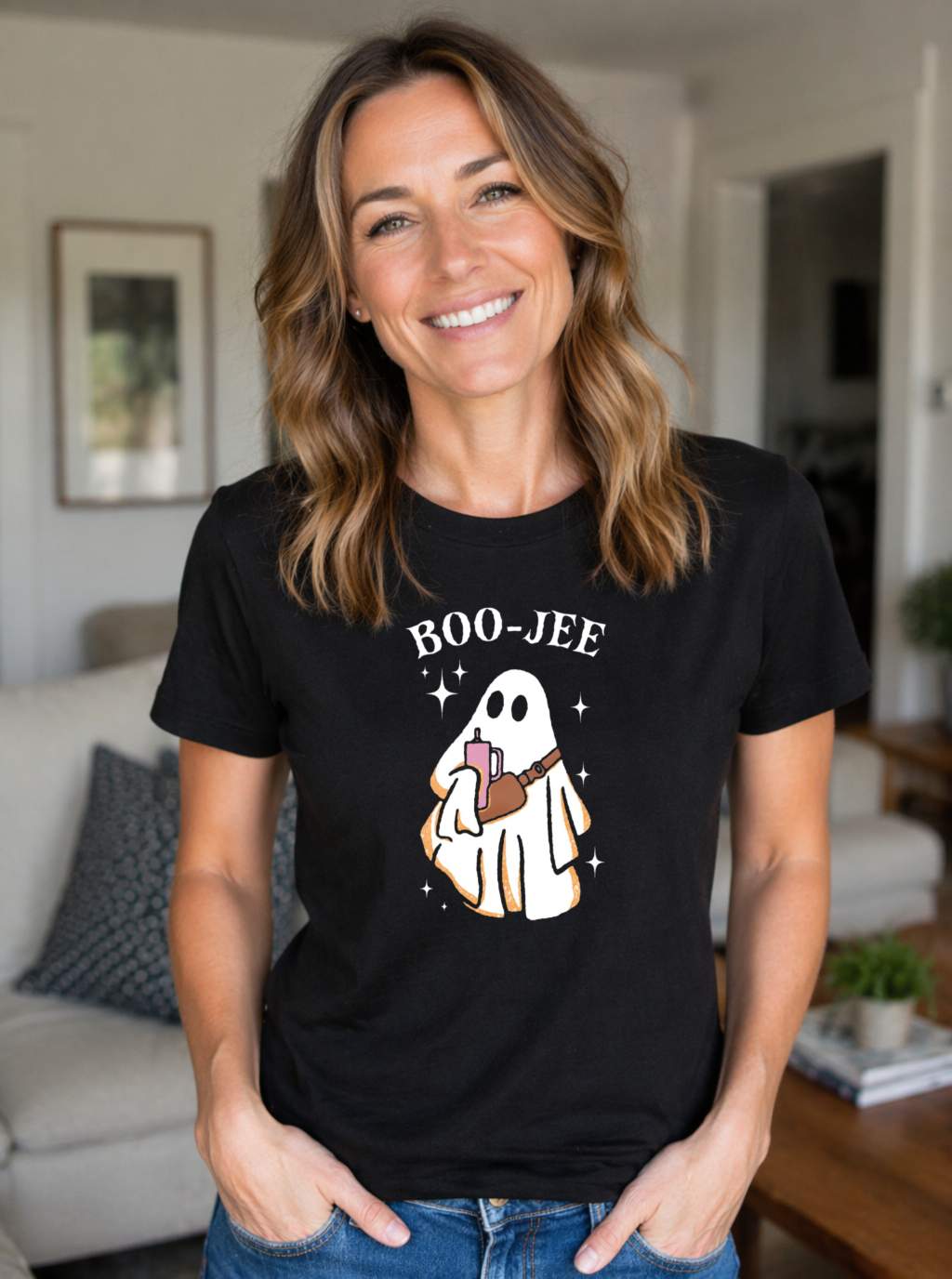 Boo Jee Ghost Holding Pink Drink And Brown Bag Funny Halloween T-shirt