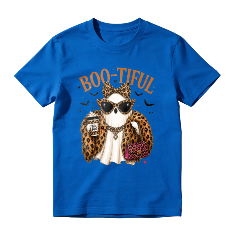 Boo Tiful Leopard Print Ghost With Sunglasses And Coffee Cup Halloween Graphic T-shirt