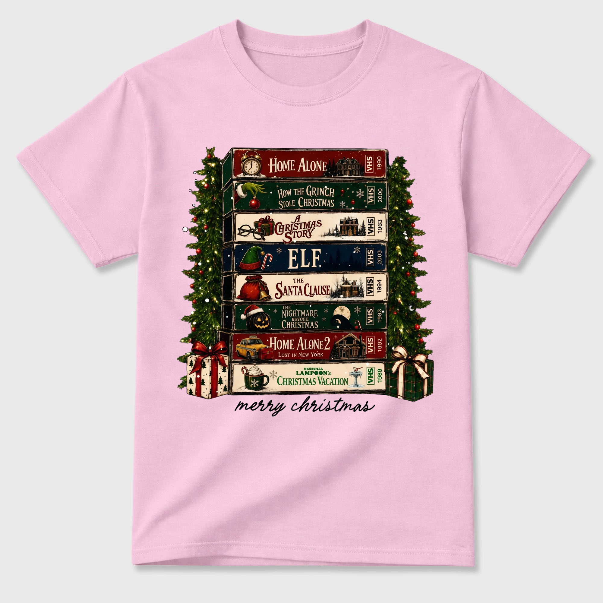 Vintage Christmas Retro Video Tape Stack T Shirt Merry Holiday Graphic Tee