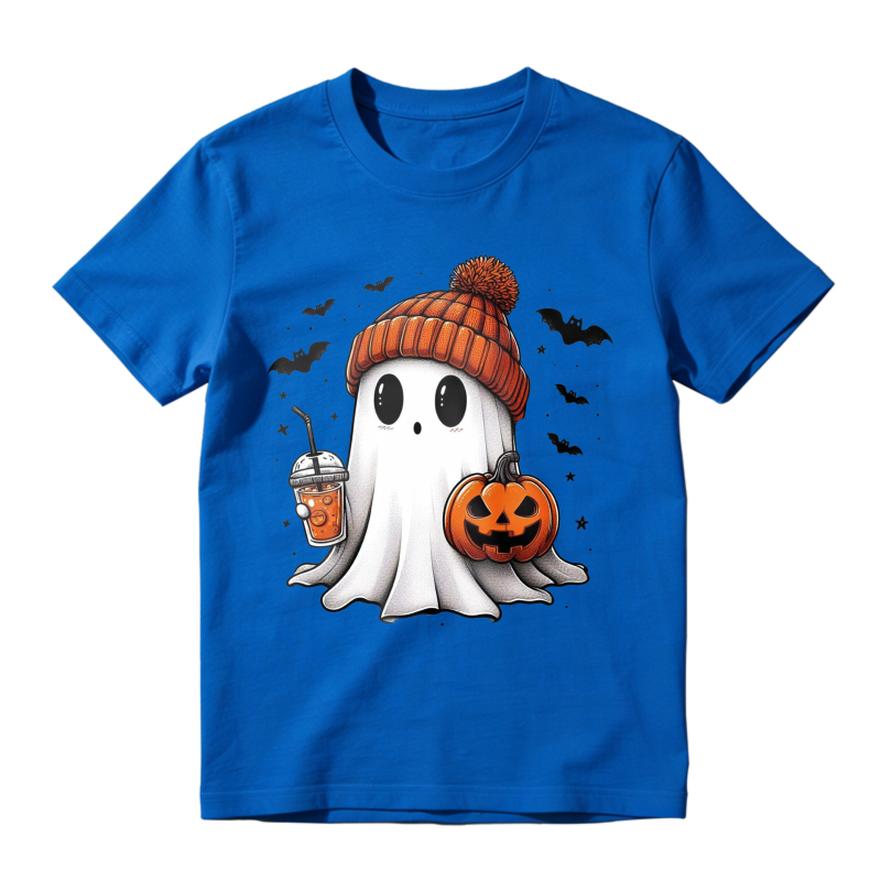 Cute Ghost Wearing Orange Beanie Holding Pumpkin And Drink Halloween T-shirt