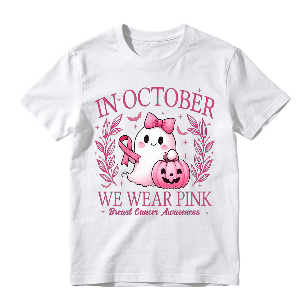 In October We Wear Pink Shirt, Retro Breast Cancer Awareness Shirt, Halloween Pink Ghost , Breast Cancer Halloween Unisex