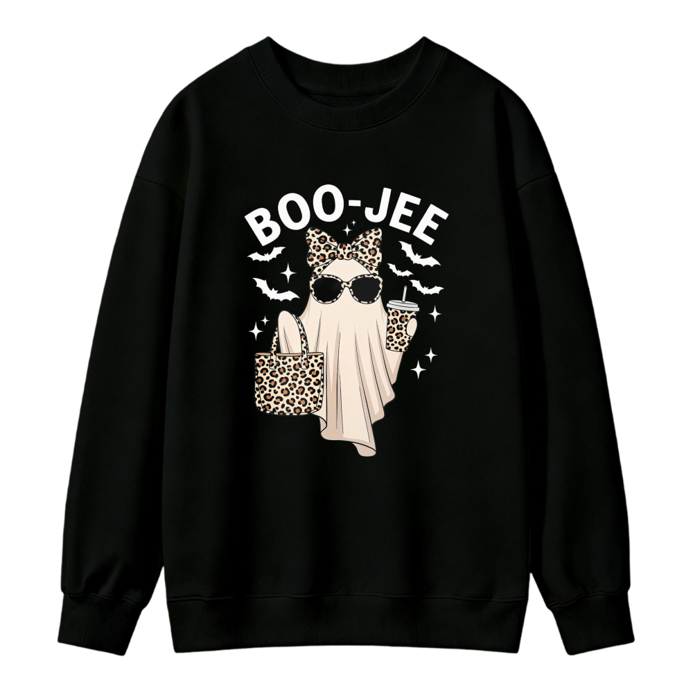 Boo Jee Funny Ghost With Leopard Print Bow Sunglasses And Coffee Cup Halloween Sweatshirt