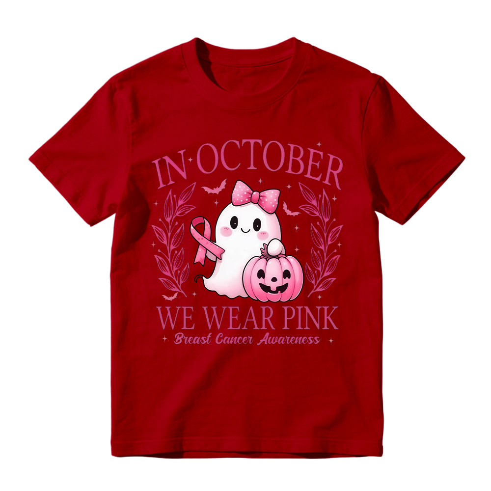 In October We Wear Pink Shirt, Retro Breast Cancer Awareness Shirt, Halloween Pink Ghost , Breast Cancer Halloween Unisex