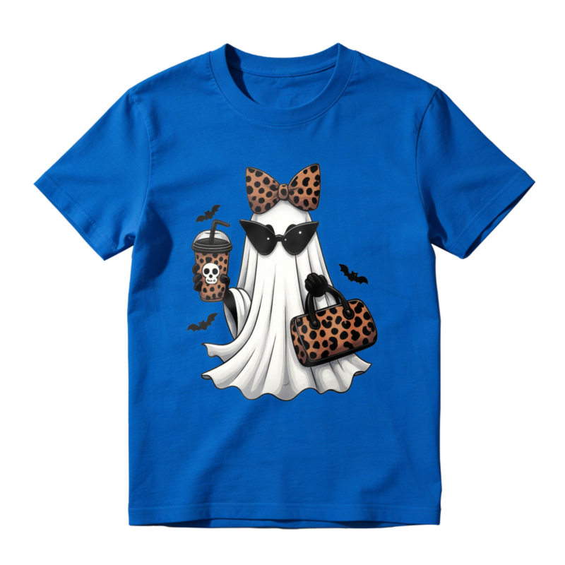 Leopard Print Ghost With Sunglasses Bow And Coffee Cup Halloween T-shirt