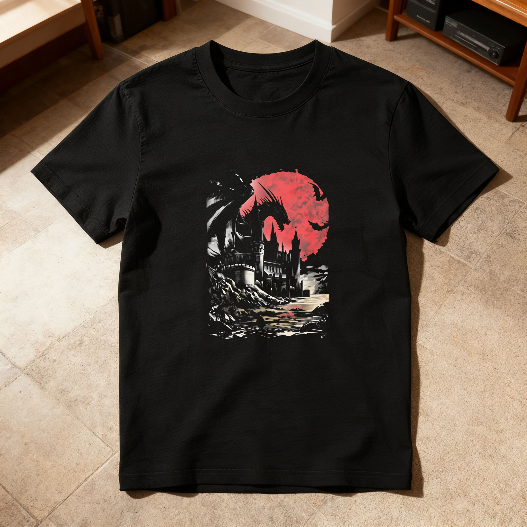 Dark Castle Under Red Moon tshirt 100% cotton