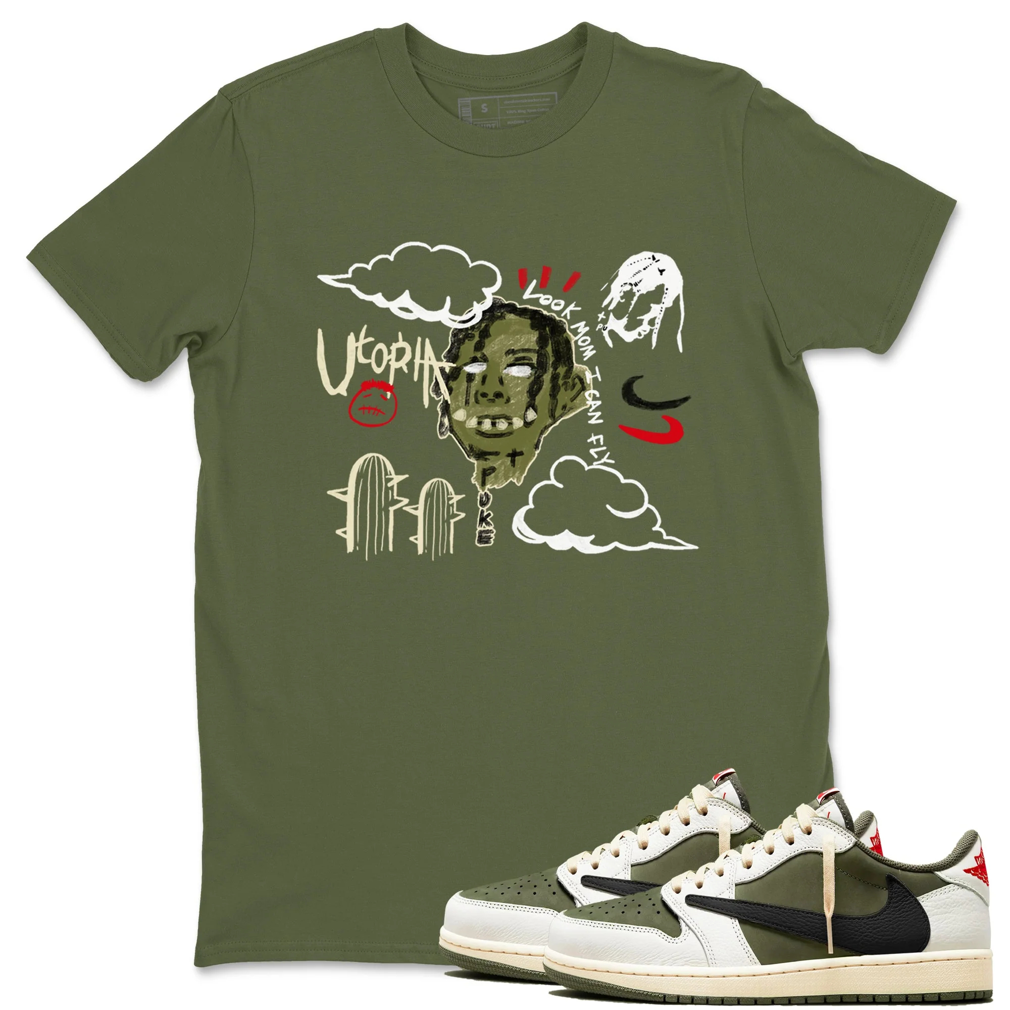 I Can Fly TEEWAVO Sneaker Tees - Air Jordan 1 Travis Scott Medium Olive