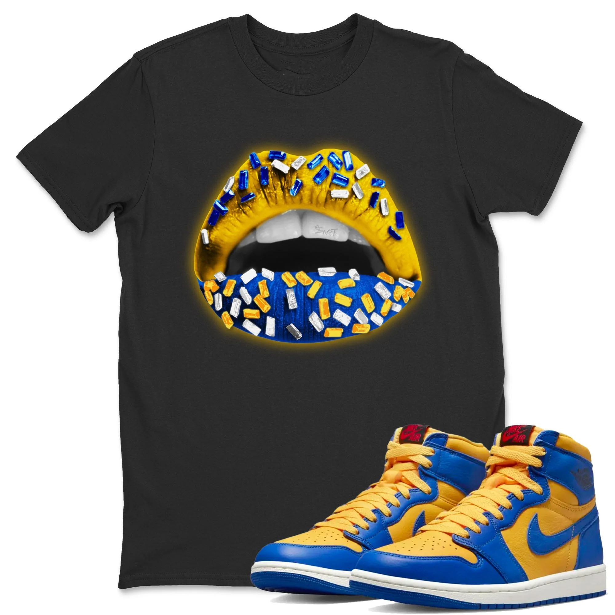 Lips Jewel Unisex Tops - Air Jordan 1 Game Royal Varsity Maize