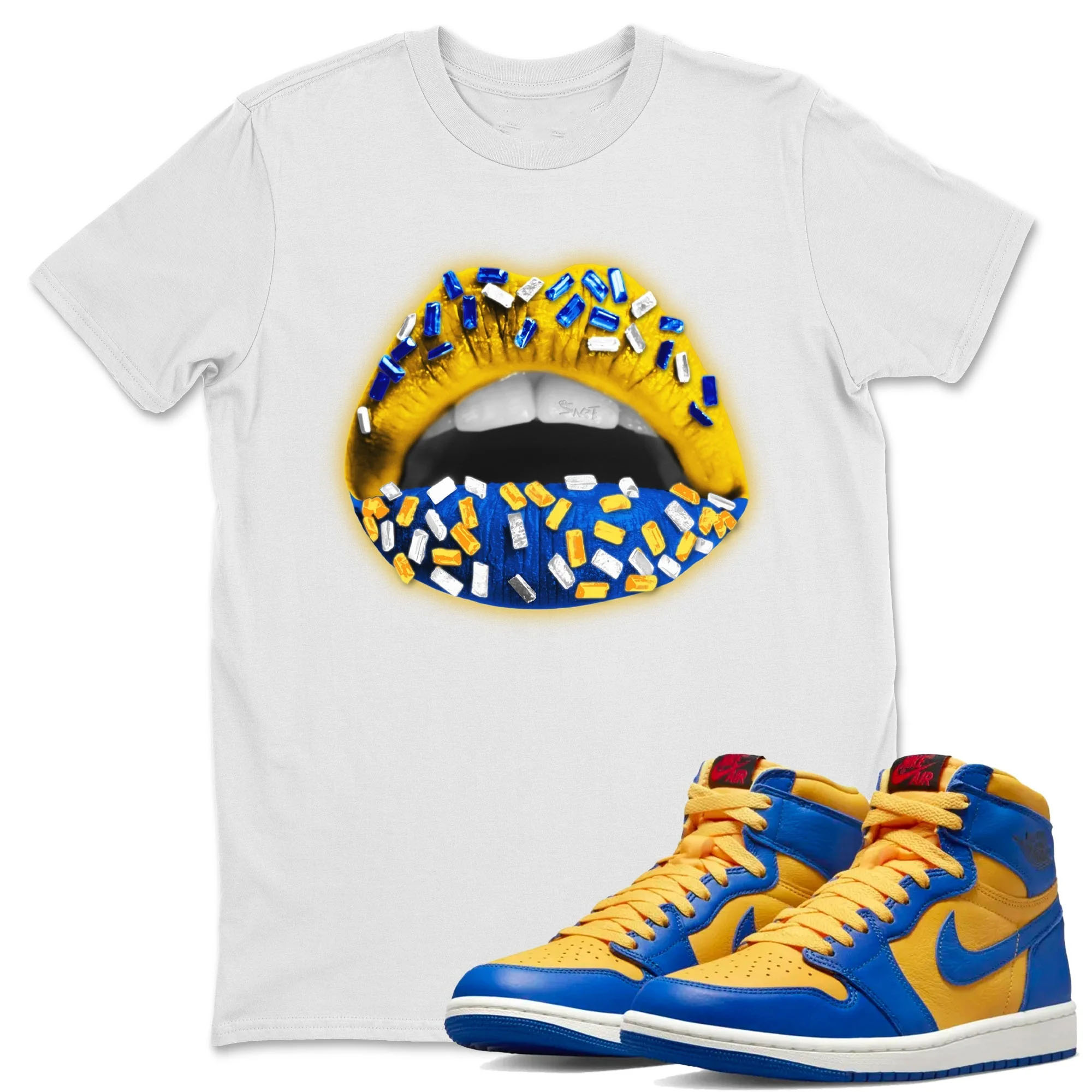 Lips Jewel Unisex Tops - Air Jordan 1 Game Royal Varsity Maize