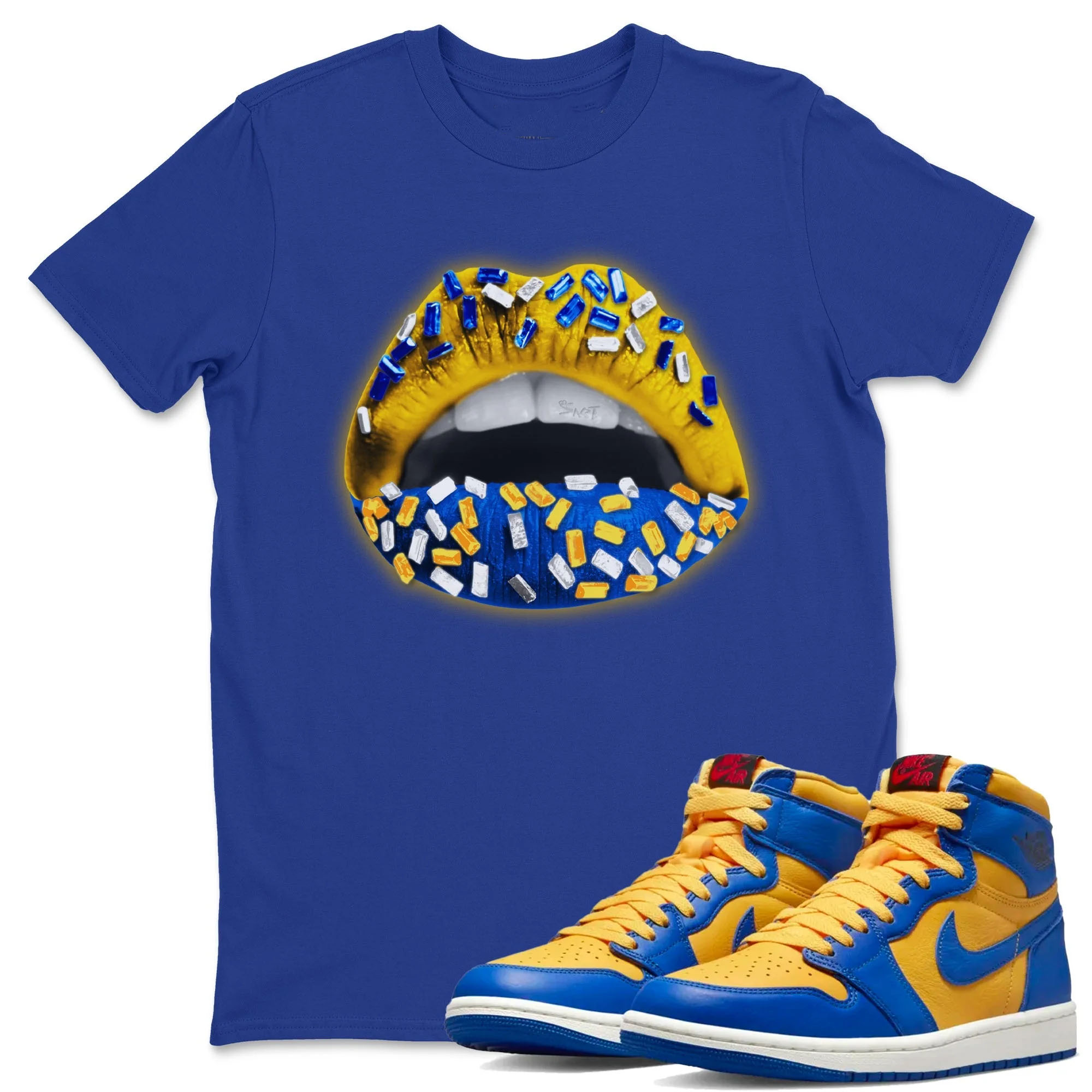Lips Jewel Unisex Tops - Air Jordan 1 Game Royal Varsity Maize