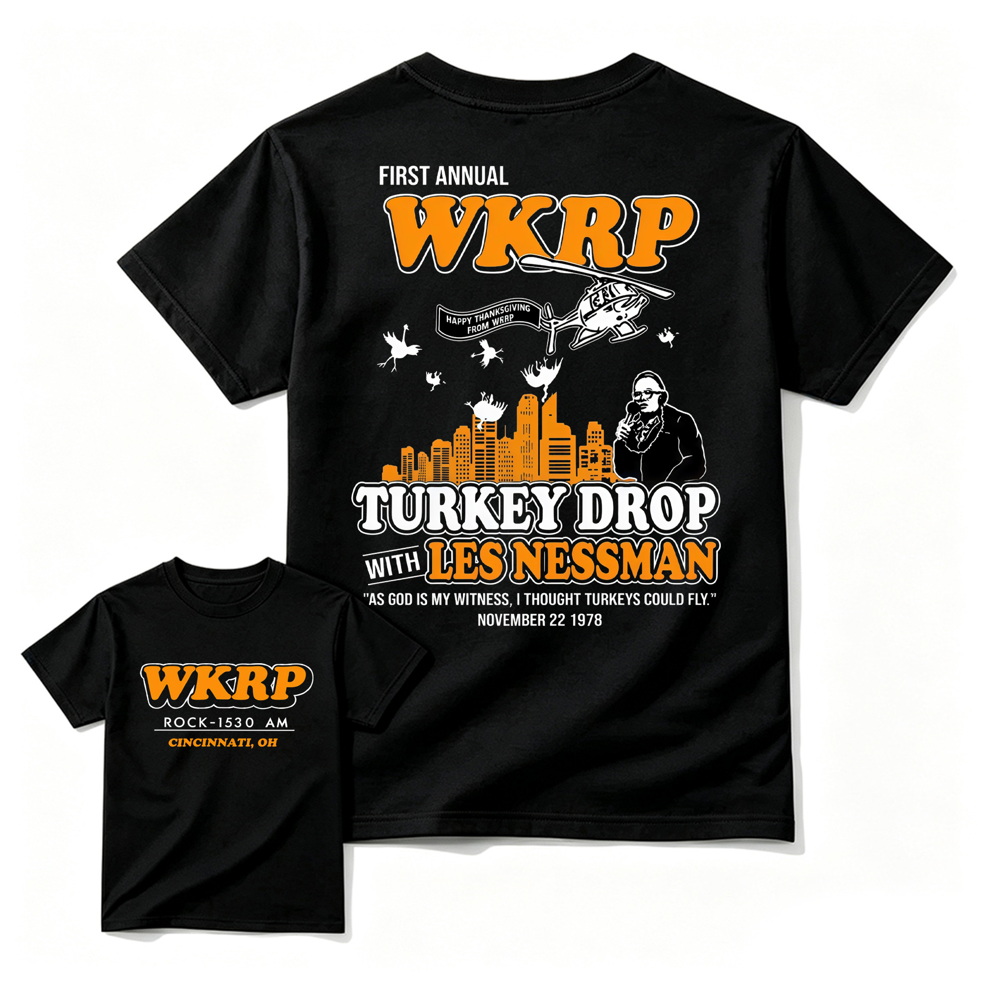 WKRP Turkey Drop T-Shirt, Les Nessman Thanksgiving Graphic Tee
