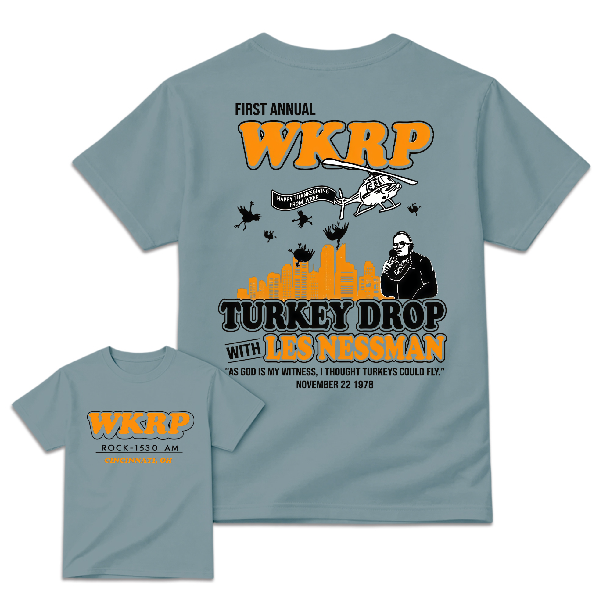 WKRP Turkey Drop T-Shirt, Les Nessman Thanksgiving Graphic Tee