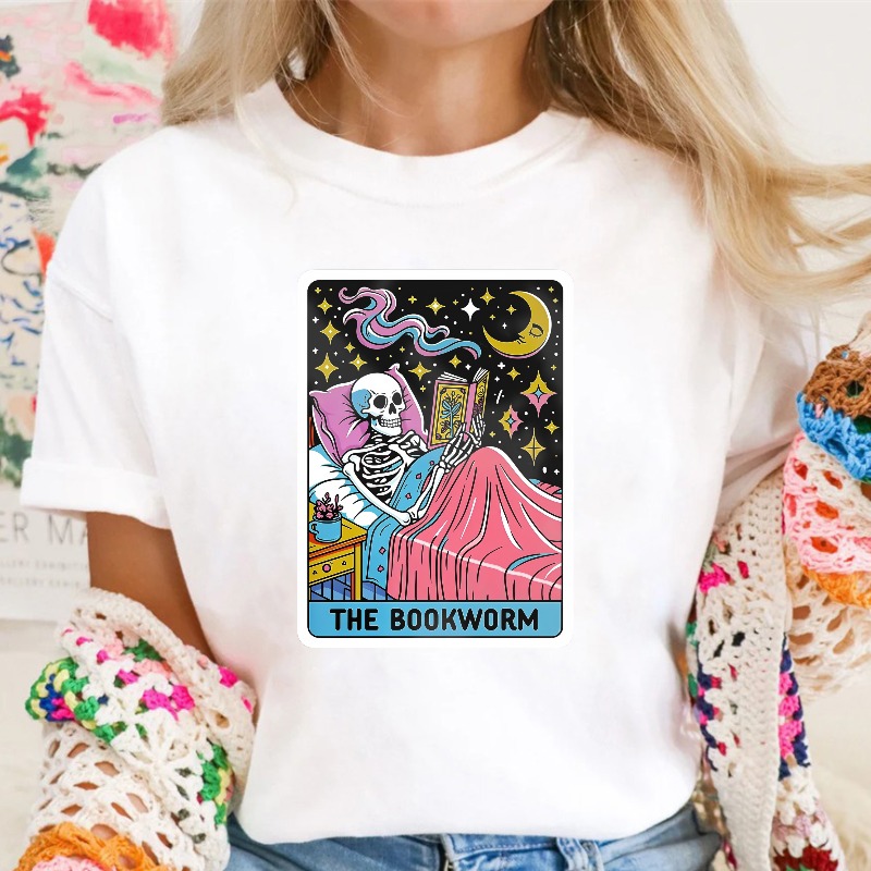 Skeleton Reading Book Under Moon And Stars, The Bookworm Tarot Card Design, Unisex Classic T-shirt
