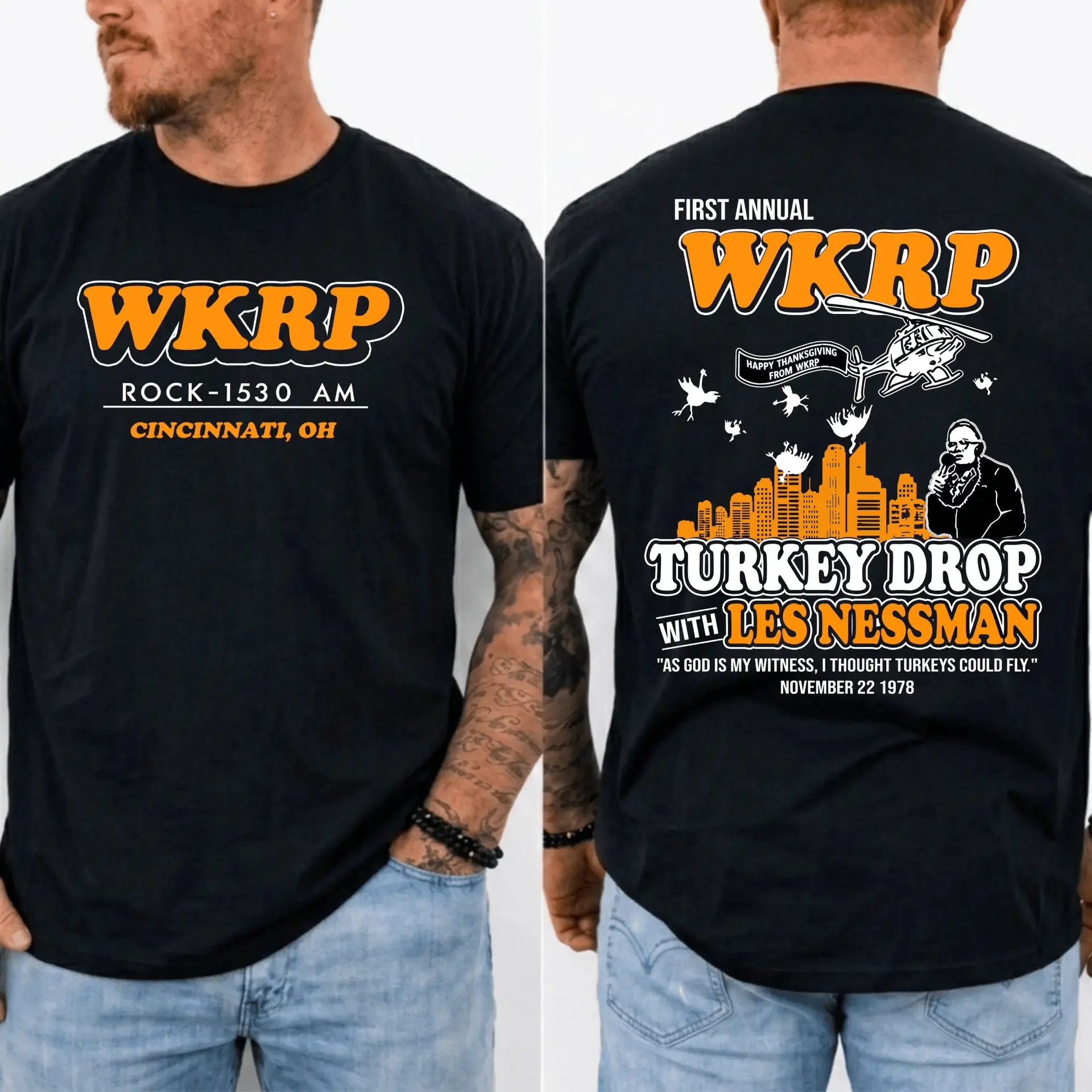 WKRP Turkey Drop T-Shirt, Les Nessman Thanksgiving Graphic Tee