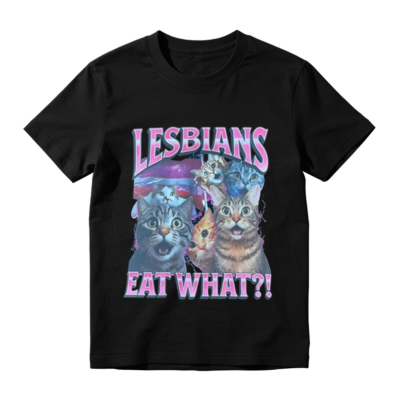 Funny Lesbians Eat What?! Retro Cat Graphic Tee Vintage Aesthetic Unisex T-Shirt
