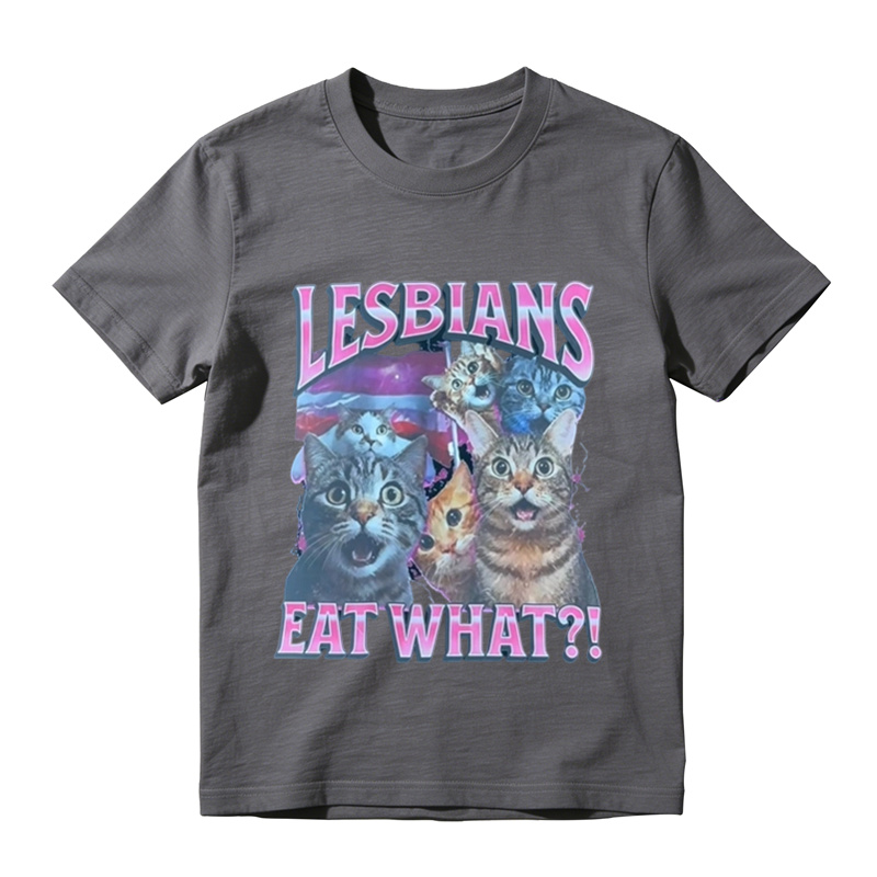 Funny Lesbians Eat What?! Retro Cat Graphic Tee Vintage Aesthetic Unisex T-Shirt