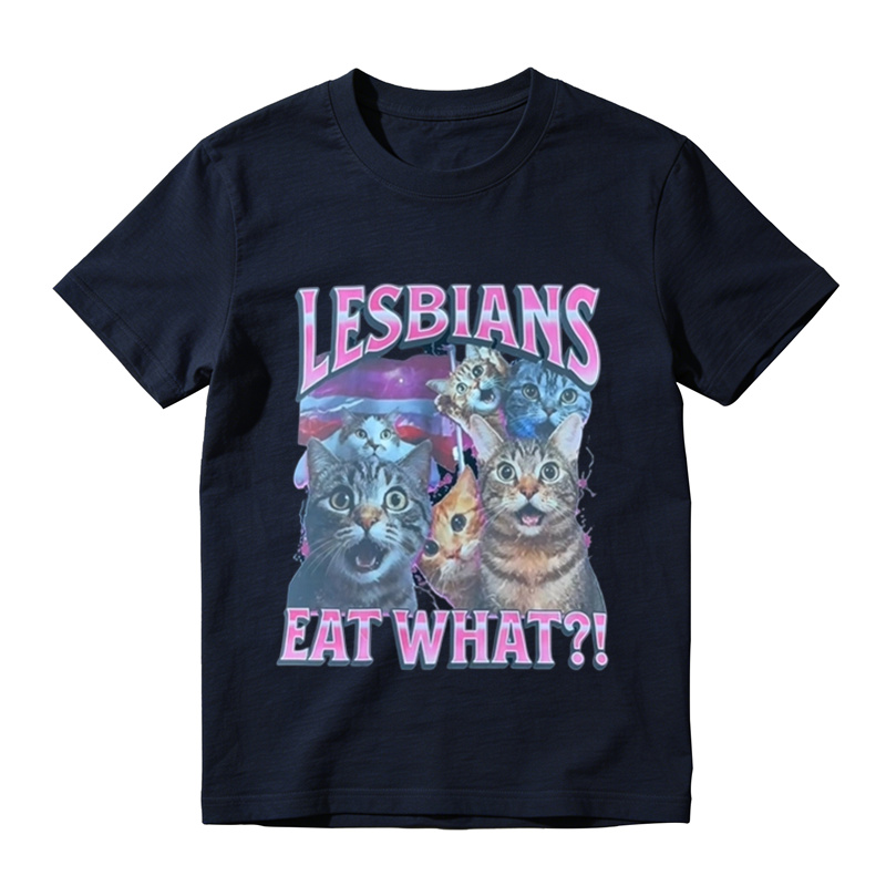 Funny Lesbians Eat What?! Retro Cat Graphic Tee Vintage Aesthetic Unisex T-Shirt
