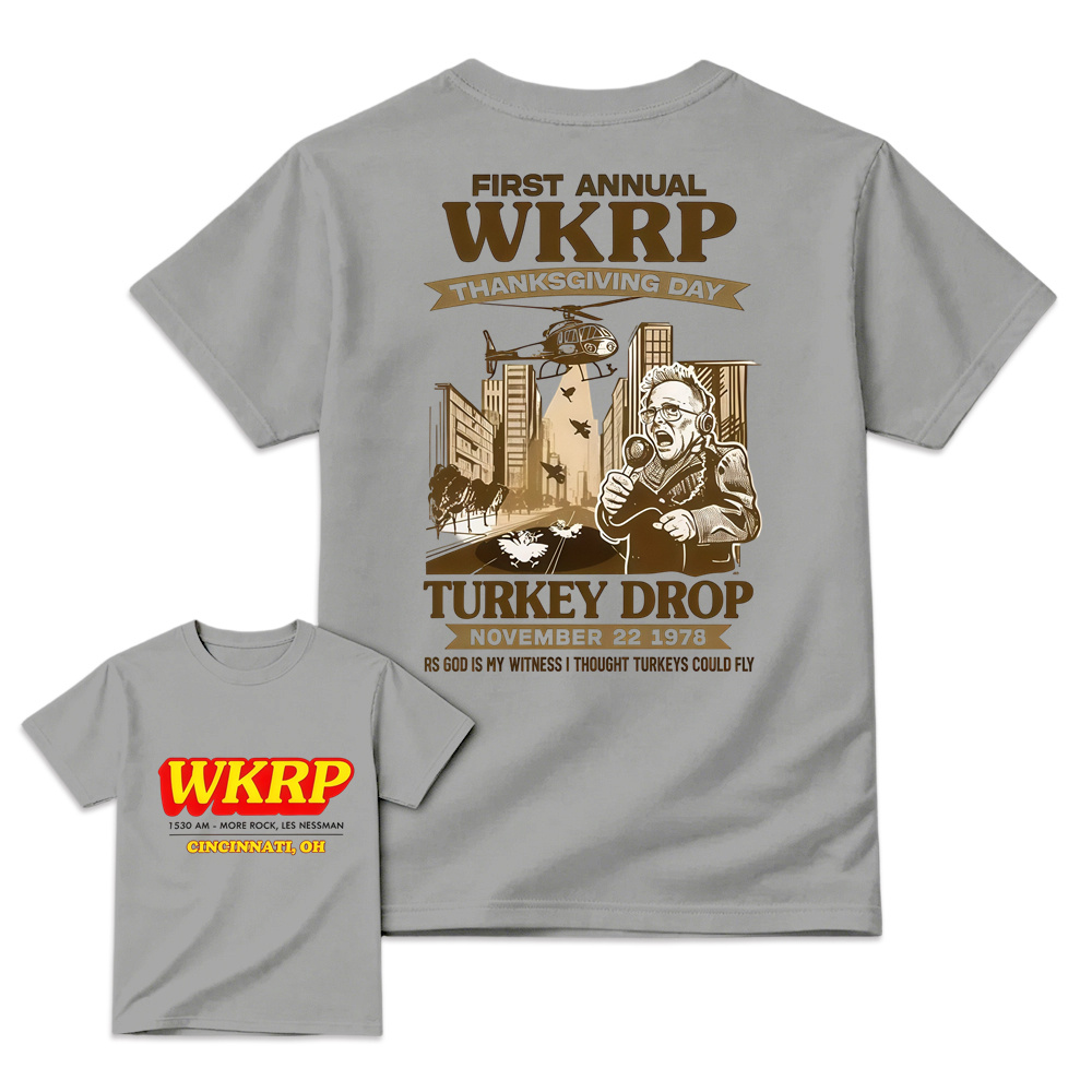 WKRP Theme 1st Annual Thanksgiving Shirt Cotton Graphic Tee - Cincinnati Themed, Basic, Relaxed Cut, Casual Fit, Comfortable, Short Sleeve, Round Neck, , Sports Top
