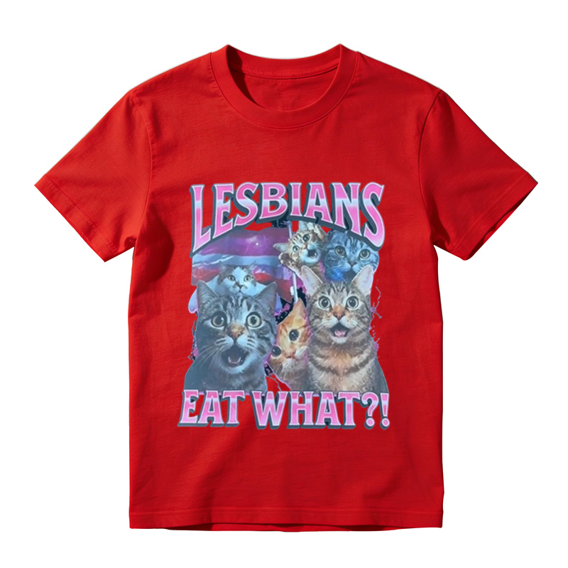 Funny Lesbians Eat What?! Retro Cat Graphic Tee Vintage Aesthetic Unisex T-Shirt