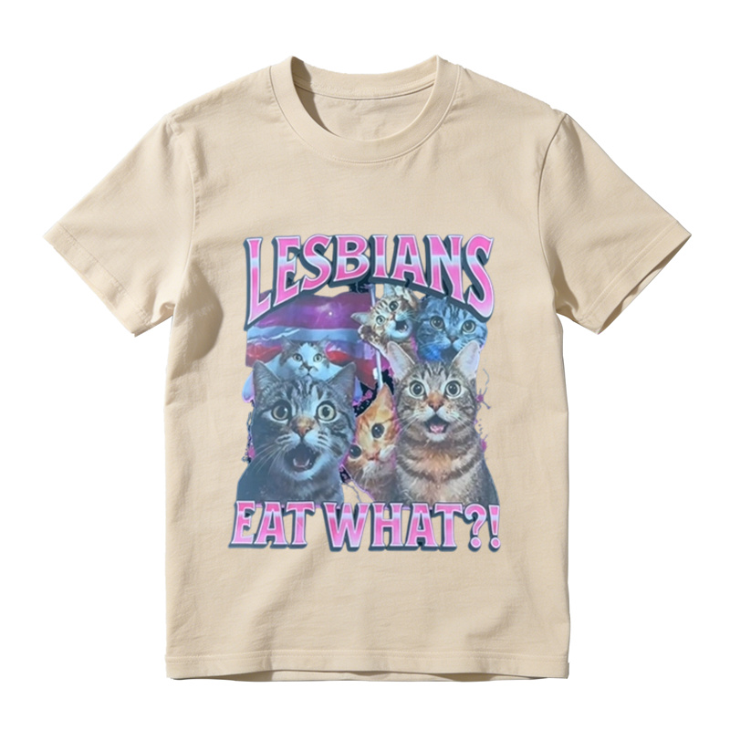Funny Lesbians Eat What?! Retro Cat Graphic Tee Vintage Aesthetic Unisex T-Shirt