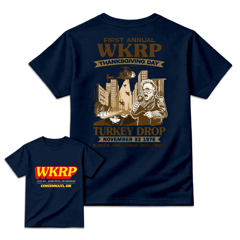 WKRP Theme 1st Annual Thanksgiving Shirt Cotton Graphic Tee - Cincinnati Themed, Basic, Relaxed Cut, Casual Fit, Comfortable, Short Sleeve, Round Neck, , Sports Top