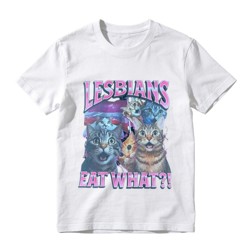 Funny Lesbians Eat What?! Retro Cat Graphic Tee Vintage Aesthetic Unisex T-Shirt