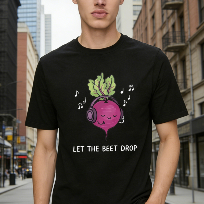 Cute Pink Beetroot Wearing Headphones With Music Notes And Let The Beet Drop Text Funny Vegetable Pun Graphic T-shirt
