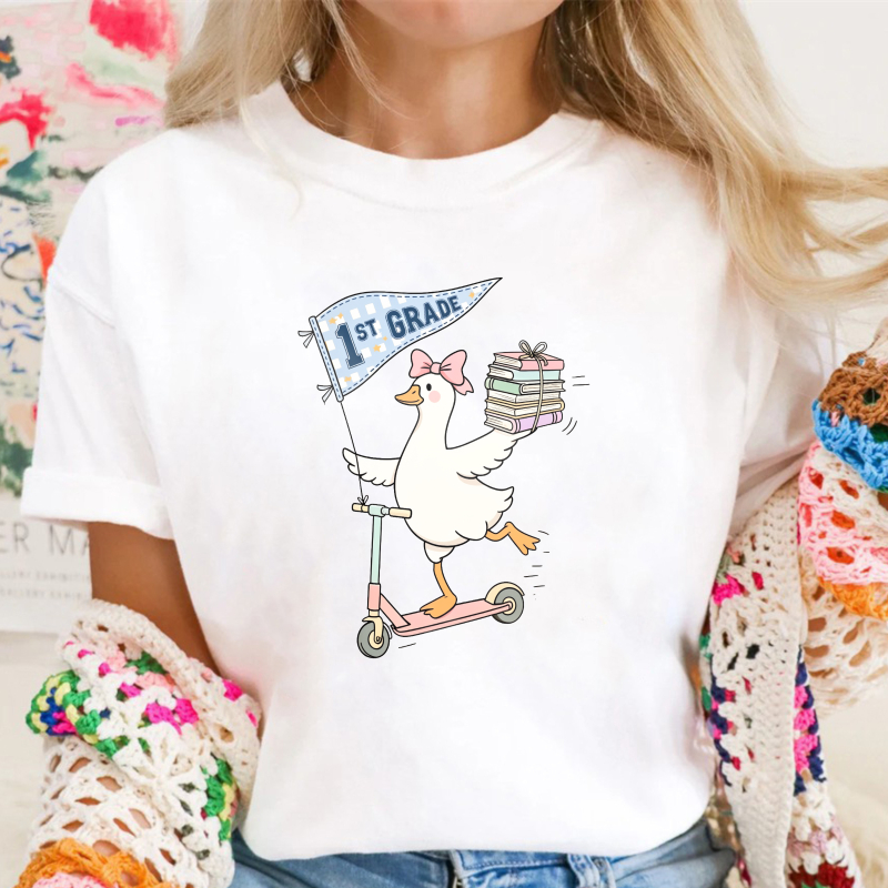 Cute Duck Riding Scooter With 1St Grade Flag And Books, Unisex Classic T-Shirt