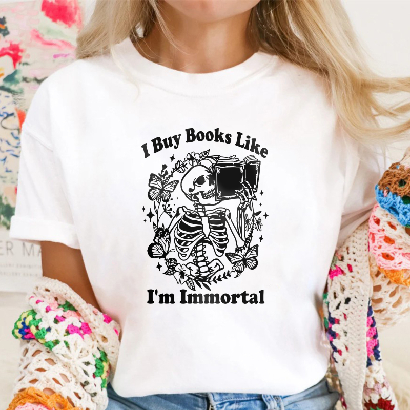 I Buy Books Like I Am Immortal Skeleton Reading Book And Butterflies Graphic, Unisex Classic T-shirt
