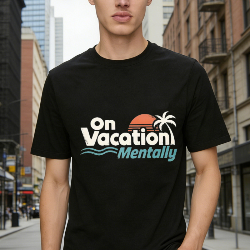 On Vacation Mentally Retro Sunset Palm Tree Wave Graphic T-shirt