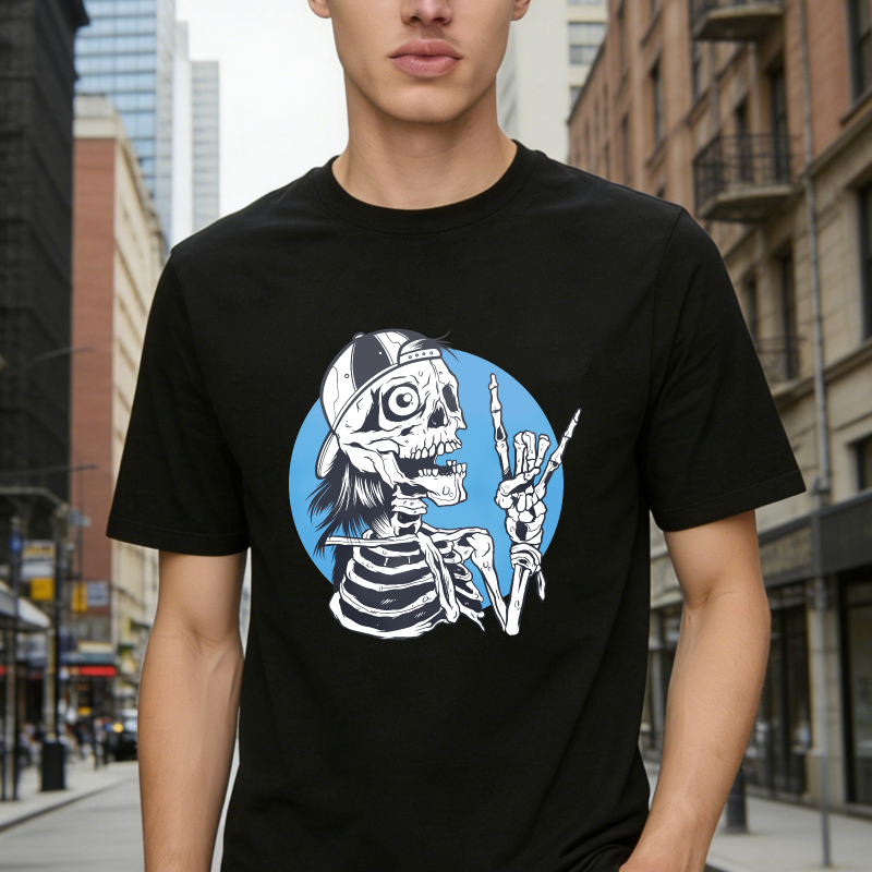 Skeleton Wearing Cap Making Rock Hand Gesture Blue Circle Unisex Classic T-shirt