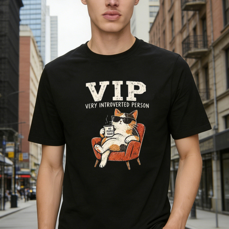 Very Introverted Person Cat Wearing Sunglasses Holding Coffee Cup Sitting In Armchair Vintage Style Graphic T-shirt