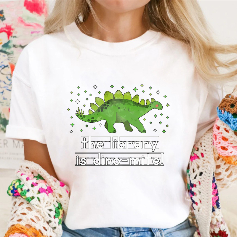 Cute Green Stegosaurus Dinosaur With The Library Is Dino Mite Text, Unisex Classic T-shirt