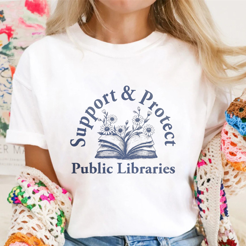 Support And Protect Public Libraries Book Flower Graphic, Unisex Classic T-shirt
