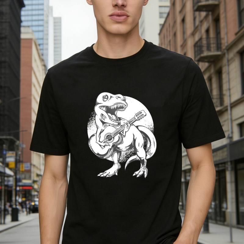 Tyrannosaurus Rex Playing Acoustic Guitar Vintage Style Unisex Classic T-shirt