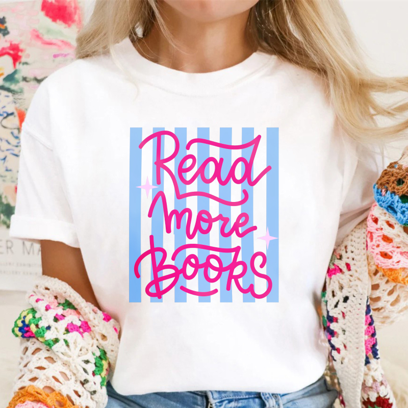Read More Books Pink Script Blue Stripes Graphic, Unisex Classic T-shirt