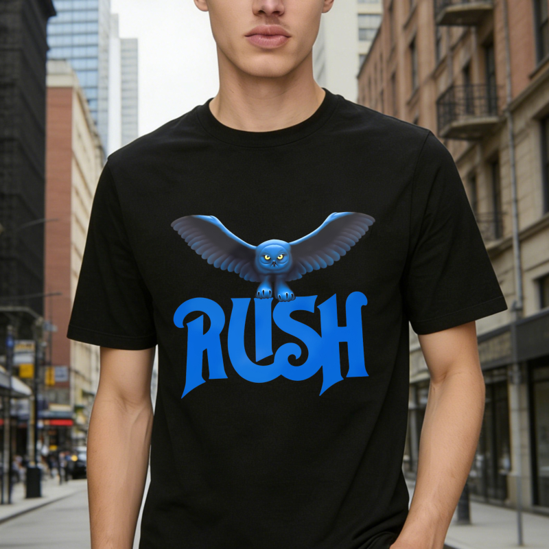 Blue Owl Bird With Rush Text Graphic T-shirt
