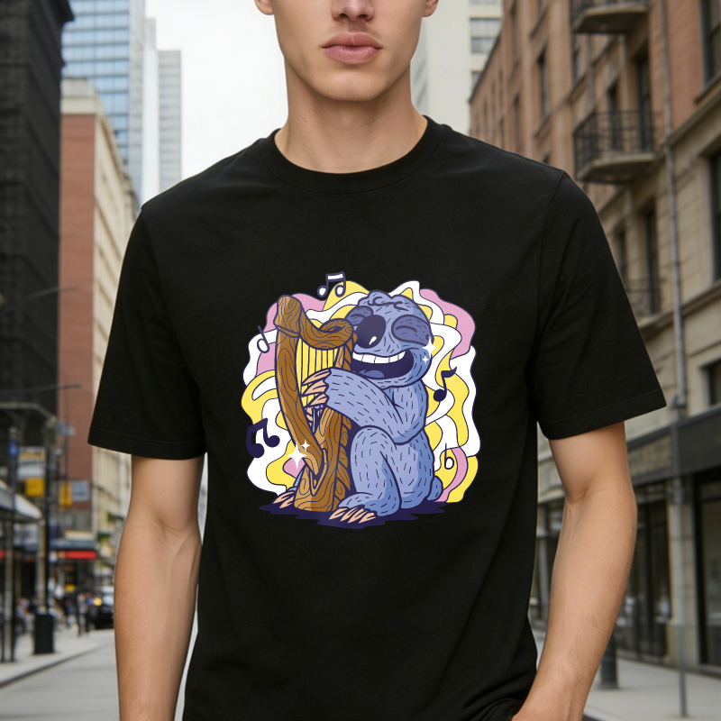 Cartoon Blue Bear Playing Harp With Musical Notes Unisex Classic T-shirt