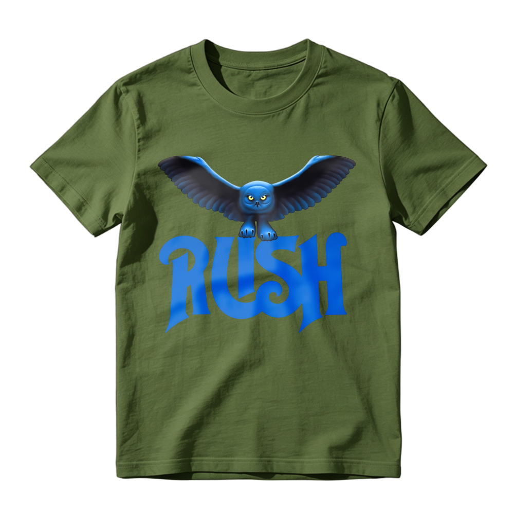 Blue Owl Bird With Rush Text Graphic T-shirt
