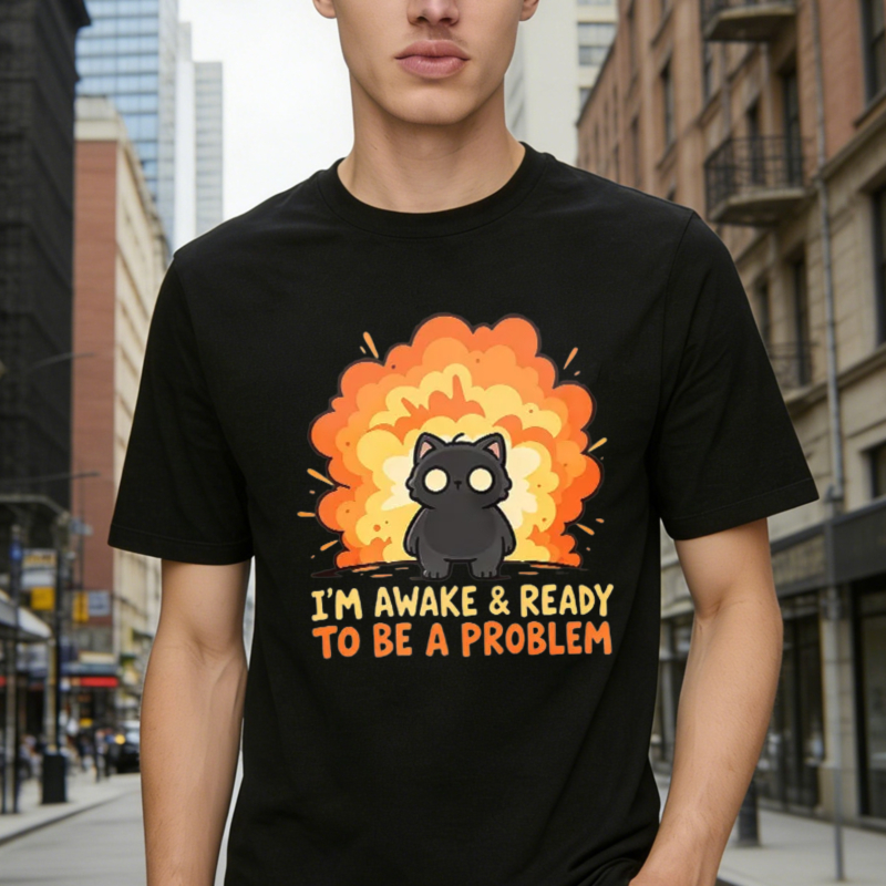 Funny Black Cat Explosion Graphic I Am Awake And Ready To Be A Problem Quote Humor T-shirt