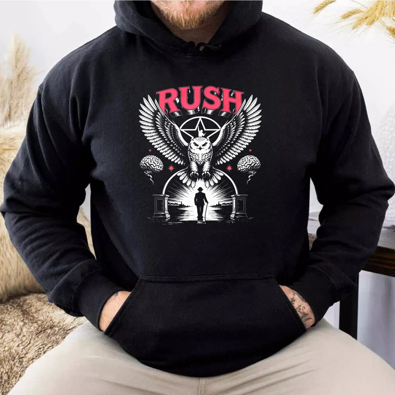 Rush Band Vintage Rock Music Owl Wing Graphic Hoodie