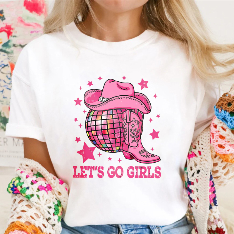 Pink Cowboy Hat And Boot With Disco Ball Pattern Let's Go Girls Unisex Classic T-shirt