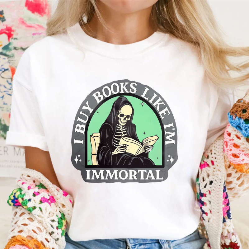 I Buy Books Like I'm Immortal Skeleton Reading Graphic, Unisex Classic T-shirt