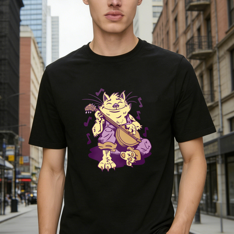 Cartoon Cat Playing Guitar With Musical Notes Unisex Classic T-shirt