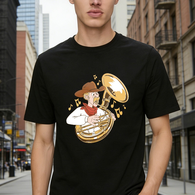Cartoon Cowboy Playing Tuba With Musical Notes Unisex Classic T-shirt